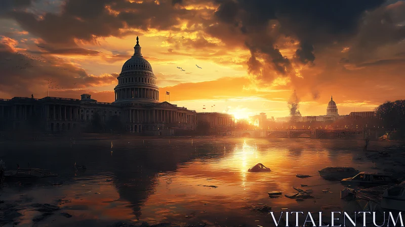 Post-apocalyptic capitol waterfront under incendiary sunset sky.