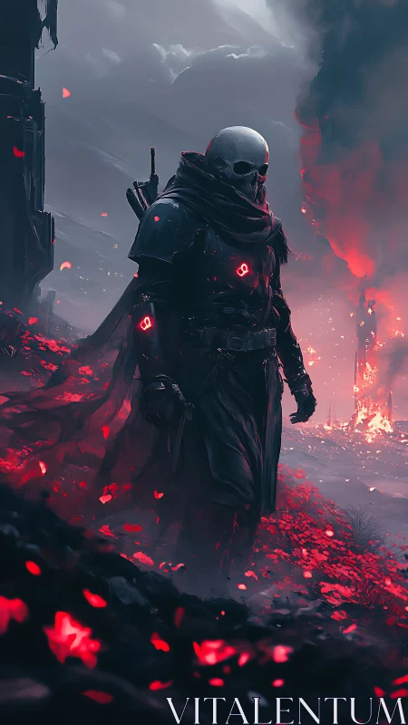 Mysterious skull warrior wandering through glowing red embers.