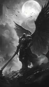 Winged dark knight stands vigilant beneath a vast moonlit sky.