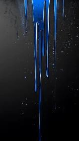 Electric blue paint drips cascade over a stark black field