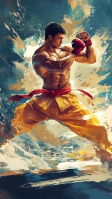 Martial artist explodes forward in dynamic painted motion.