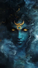 Celestial teal goddess portrait in swirling cosmic nebula veil