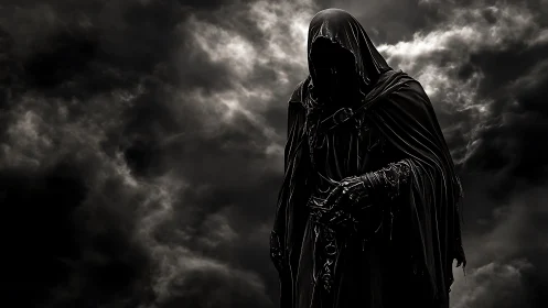 Hooded dark figure stands against stormy, clouded sky