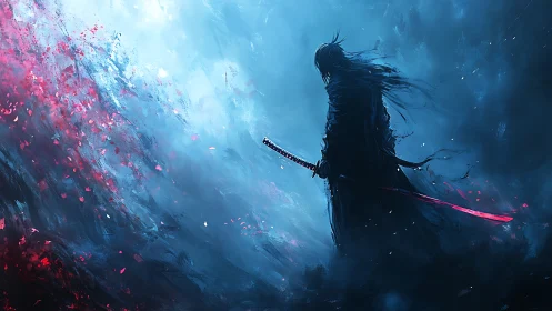 Silhouetted swordsman stands in blue mist with red blossom field