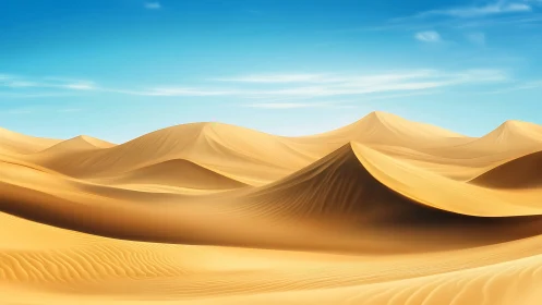 Golden desert dunes roll beneath a clear azure sky.