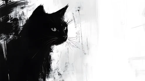Black Cat Silhouette with Expressive Eyes Against Textured White Background