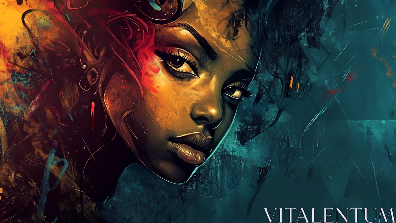 Digital painting portrait with neon contrast and asymmetrical framing.