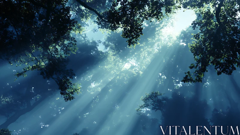 Morning sunbeams drifting through a quiet forest canopy.