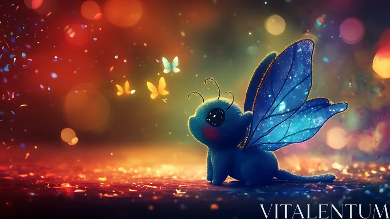 Bioluminescent plush moth with galaxy wings in bokeh field