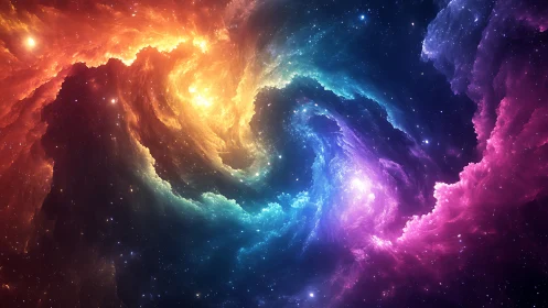 Multicolor spiral nebula with luminous galactic dust flows.