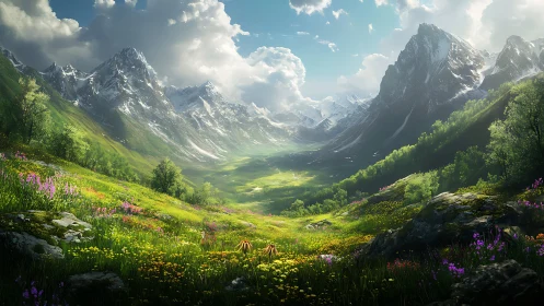 Sunlit alpine valley with wildflowers and towering peaks.