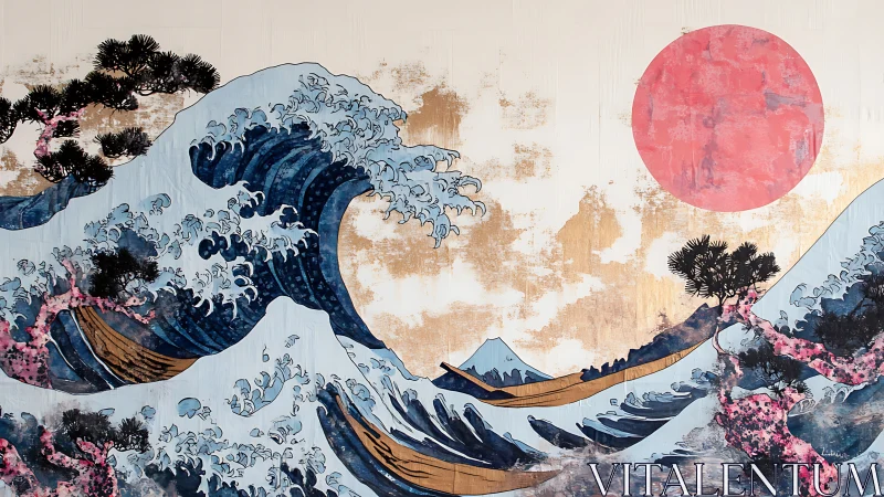 Stylized seascape with wave, red sun and distant mountain.