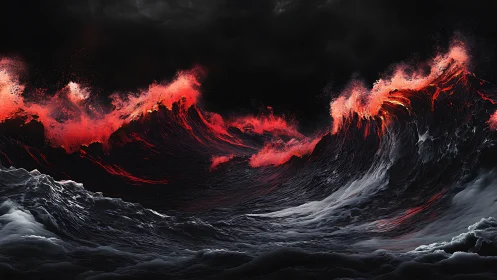Volcanic red energy streaks through hyper-detailed storm waves
