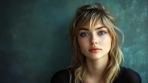 Photorealistic portrait study with teal bokeh backdrop.