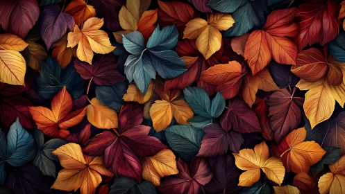 Layered autumn leaves in dense multicolor digital pattern.