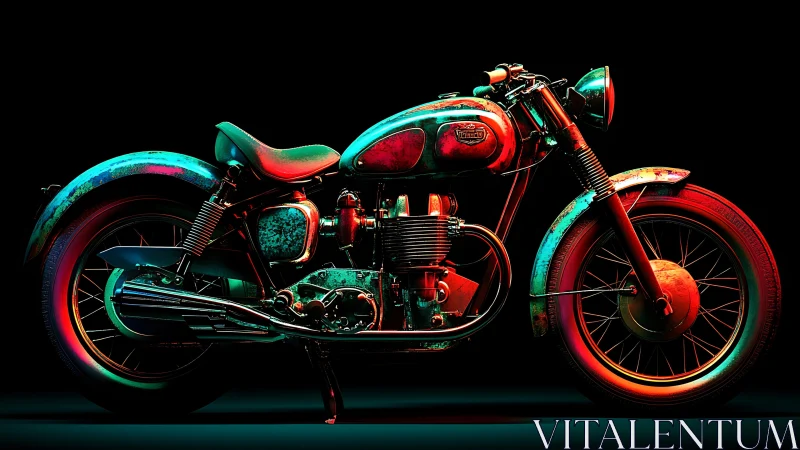 Neon‑lit vintage motorcycle rendered with high‑contrast rim lighting