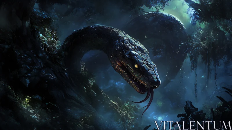 Giant serpent emerges from shadowed jungle ravine at night