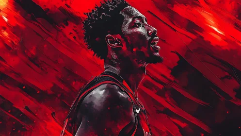 Basketball player profile in intense red digital artwork.