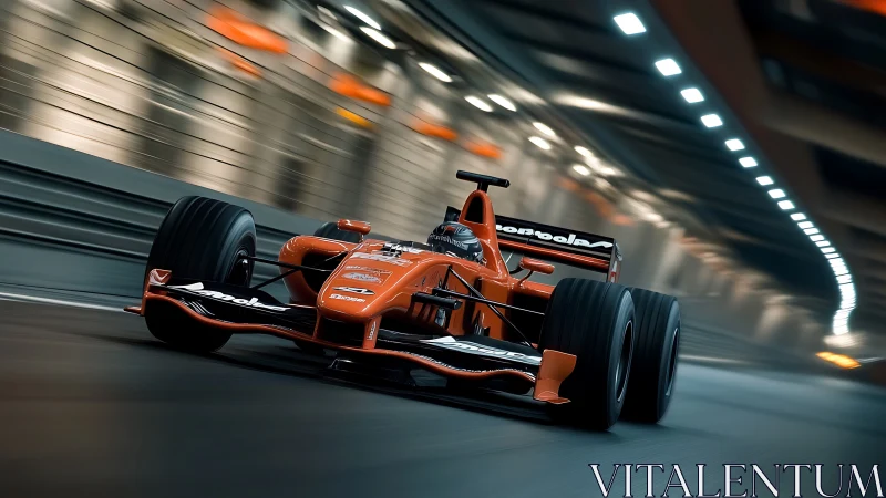 Scarlet Formula racer blasting through illuminated tunnel.