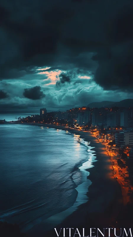 Storm-lit coastal cityscape contrasts cyan surf with amber streets