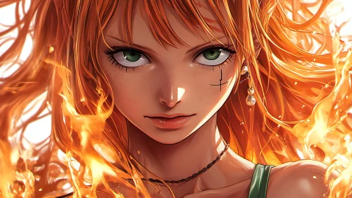 Fiery green eyed heroine framed by swirling golden flames.