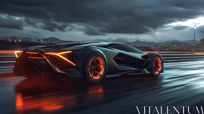 Futuristic black supercar on wet urban highway at night.