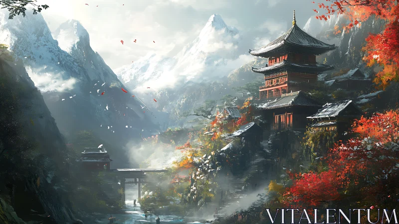 Mountain temple complex under snowlit autumn peaks.