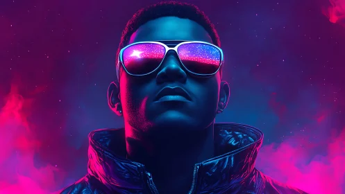 Neon-lit portrait with reflective visor glasses and vaporwave backlight