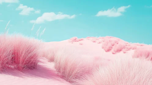 Pink dune grasses rise under clear cyan sky in daylight