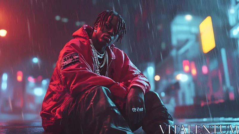 Neon rain portrait of streetwear figure in cinematic bokeh city.