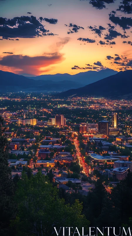Golden hour city lights glowing beneath the evening sky.