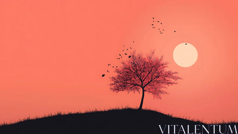 Minimalist tree silhouette on hill with birds at sunset, digital art.