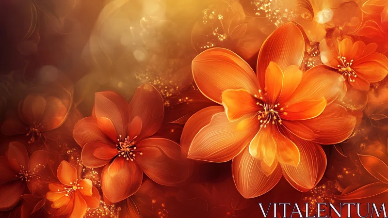 Radiant amber blossoms in glowing abstract bokeh field.