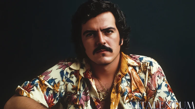 Man with mustache stares forward in floral shirt portrait