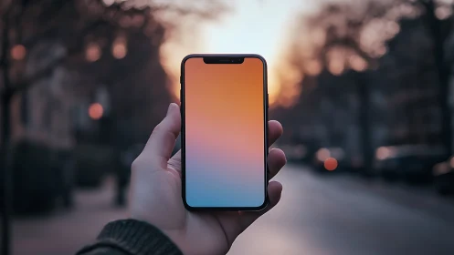 Hand holding smartphone with gradient display in urban setting at dusk