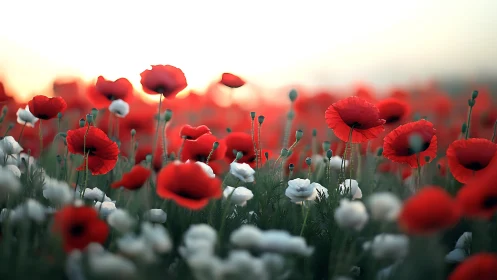 Red and white poppies fill a sunlit field in soft focus