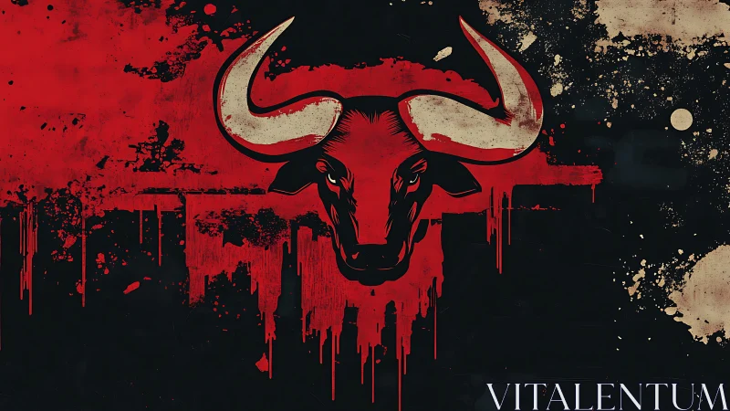 Red bull skull graffiti on dark grunge background wall.