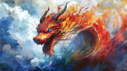 Fire and water dragon surging through storm clouds.