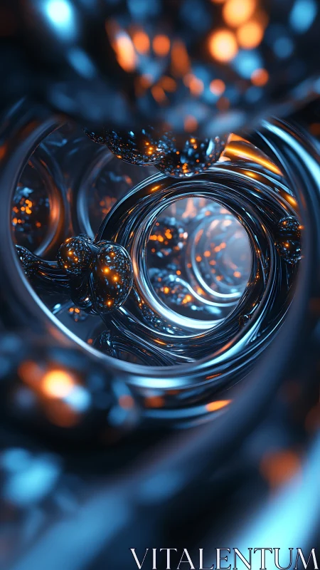 Luminous metallic tunnels spiral into a futuristic energy core