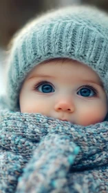 Snow-soft gaze of a bundled winter baby in cozy blues.