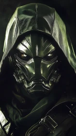 Armored hooded vigilante in dark green tactical armor.