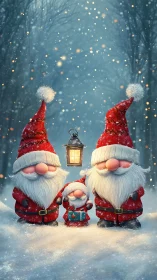 Christmas gnome family under lantern in snowy forest