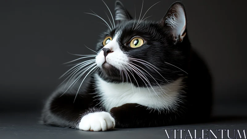 Black and White Tuxedo Cat with Intense Golden Eyes Against Dark Background.