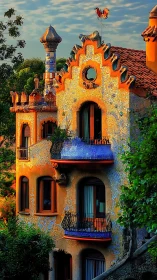 Colorful organic façade of mosaic-clad residential building.