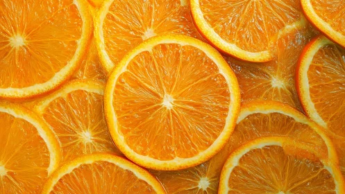 Close-up of overlapping fresh orange slices in pattern.