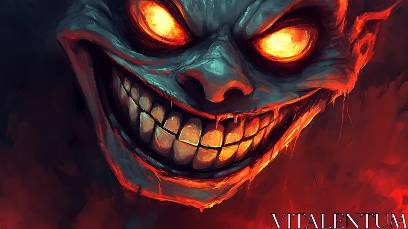 Sinister fiery demon face with glowing eyes and teeth.