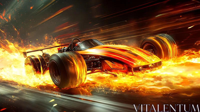 Flaming racing car blasting through molten fire track.