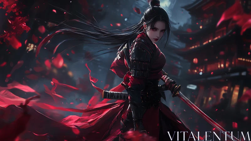 Female swordswoman in black and red armor in night courtyard.