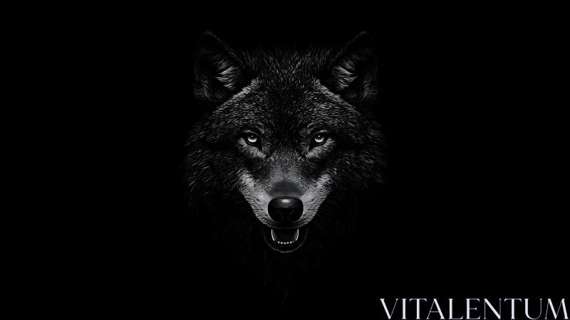 Wolf portrait presents snarling monochrome face on black