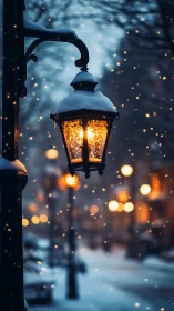 Snow-dusted lamppost quietly brews warmth in the dusk